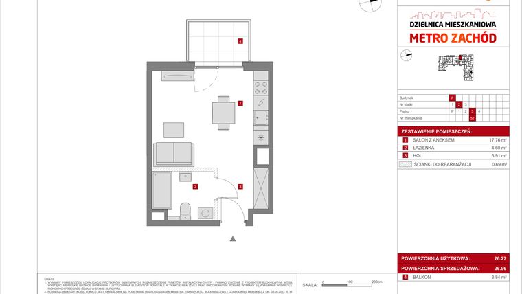 Rzut - Mieszkanie na sprzedaż 1 pokój o powierzchni 26,96 m² - numer F.57 w Dzielnica Mieszkaniowa Metro Zachód - etap 8