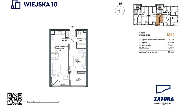 Rzut - Mieszkanie na sprzedaż 2 pokoje o powierzchni 39,63 m² - numer M22 w Wiejska 10