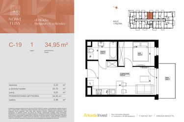 Rzut - Mieszkanie na sprzedaż 2 pokoje o powierzchni 34,95 m² - numer M19_NF.c w Nowe Flisy II