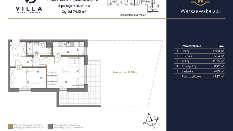 Rzut - Mieszkanie na sprzedaż 2 pokoje o powierzchni 49,17 m² - numer 5A w Warszawska 222