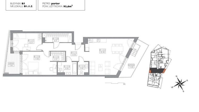 Rzut - Mieszkanie na sprzedaż 3 pokoje o powierzchni 92,75 m² - numer B1.1.2 w Alvarium 2.0