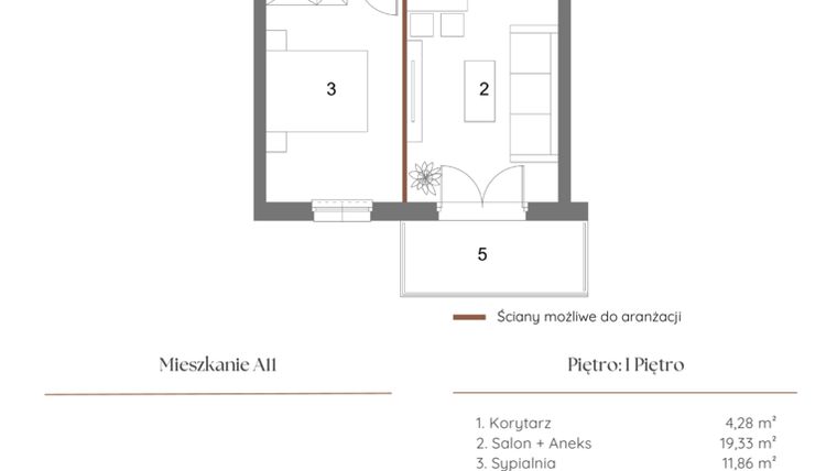 Rzut - Mieszkanie na sprzedaż 2 pokoje o powierzchni 39,96 m² - numer A11 w Dąbrowskiego 9