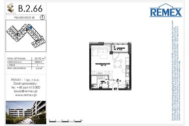 Rzut - Mieszkanie na sprzedaż 1 pokój o powierzchni 35,85 m² - numer B.2.66 w Osiedle BALTICA
