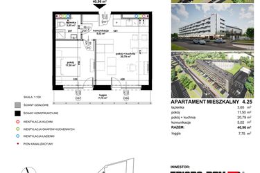 Rzut - Mieszkanie na sprzedaż 2 pokoje o powierzchni 41 m² - numer 4.25 w Apartamentowiec Zwycięska 3