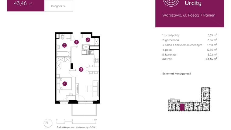 Rzut - Mieszkanie na sprzedaż 2 pokoje o powierzchni 43,46 m² - numer 3.B.6.03 w Murapol Urcity