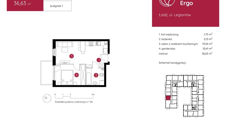 Rzut - Mieszkanie na sprzedaż 1 pokój o powierzchni 36,63 m² - numer 1.C.1.07 w Murapol Ergo