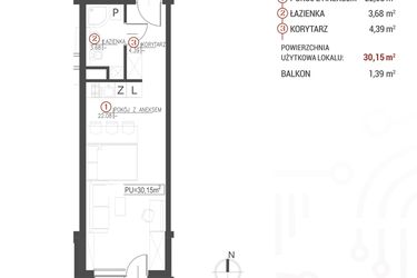 Rzut - Mieszkanie na sprzedaż 1 pokój o powierzchni 30,15 m² - numer 122 w Wróblewskiego 1