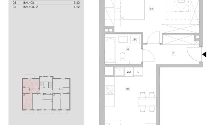 Rzut - Mieszkanie na sprzedaż 2 pokoje o powierzchni 44,21 m² - numer 86.3.12 w ATAL Bronowice