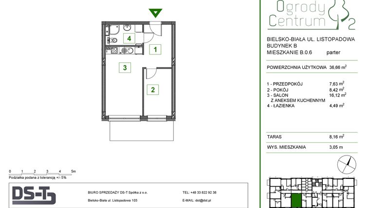 Rzut - Mieszkanie na sprzedaż 2 pokoje o powierzchni 36,66 m² - numer B.0.6 w Ogrody Centrum 2