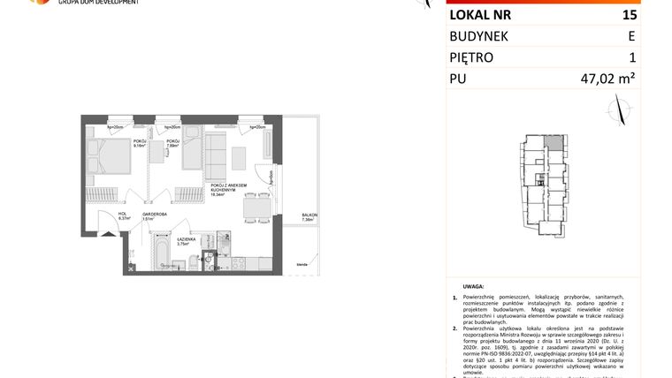 Rzut - Mieszkanie na sprzedaż 3 pokoje o powierzchni 47,02 m² - numer E.15 w Osiedle Synteza etap IV