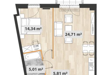Rzut - Mieszkanie na sprzedaż 2 pokoje o powierzchni 50,89 m² - numer A.05.04 w Na Okrzei