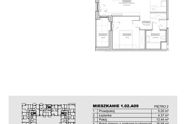 Rzut - Mieszkanie na sprzedaż 2 pokoje o powierzchni 47,69 m² - numer 1.02.A09 w Ogrody Andersa III