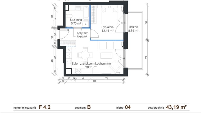 Rzut - Mieszkanie na sprzedaż 2 pokoje o powierzchni 43,19 m² - numer F 4.2 w Nowe Zabłocie