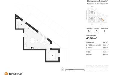 Rzut - Mieszkanie na sprzedaż 2 pokoje o powierzchni 43,01 m² - numer 1 w Koncertowa Dolina