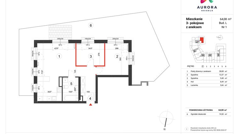 Rzut - Mieszkanie na sprzedaż 3 pokoje o powierzchni 64,08 m² - numer L-1 w Osiedle Aurora - bud. L
