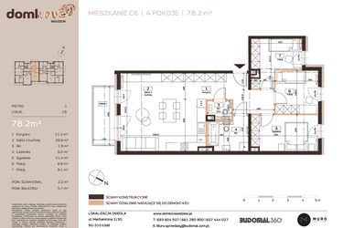 Rzut - Mieszkanie na sprzedaż 4 pokoje o powierzchni 78,2 m² - numer C6 w Domkove Widzew