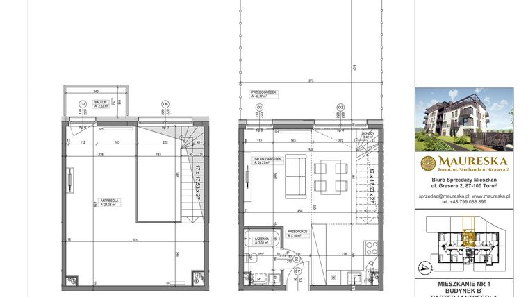 Rzut - Mieszkanie na sprzedaż 1 pokój o powierzchni 59,24 m² - numer B’.1 w Osiedle Maureska etap 2