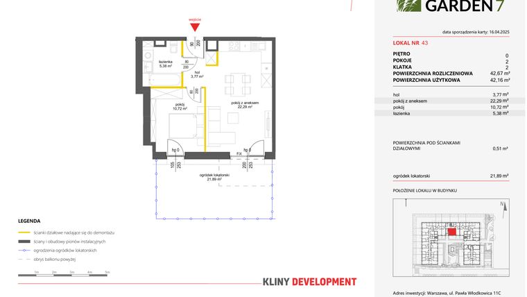 Rzut - Mieszkanie na sprzedaż 2 pokoje o powierzchni 42,67 m² - numer 43 w Nova Viva Garden 7