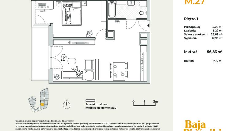 Rzut - Mieszkanie na sprzedaż 2 pokoje o powierzchni 56,83 m² - numer M27 w Baja Piaśniki