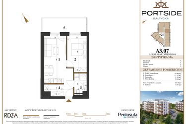 Rzut - Mieszkanie na sprzedaż 2 pokoje o powierzchni 39,48 m² - numer A3.07 w Portside Bałtycka
