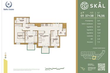 Rzut - Mieszkanie na sprzedaż 1 pokój o powierzchni 74,56 m² - numer M.37+38 w Skal