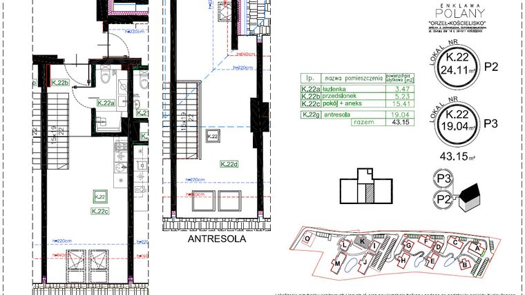 Rzut - Mieszkanie na sprzedaż 2 pokoje o powierzchni 43,15 m² - numer K.22 w Enklawa Polany etap II