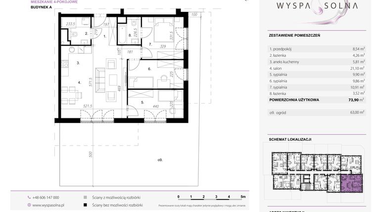 Rzut - Mieszkanie na sprzedaż 4 pokoje o powierzchni 73,71 m² - numer A.0.9 w Wyspa Solna Etap III, budynek A