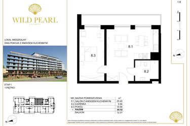 Rzut - Mieszkanie na sprzedaż 2 pokoje o powierzchni 46,52 m² - numer 1.8 w Wild Pearl