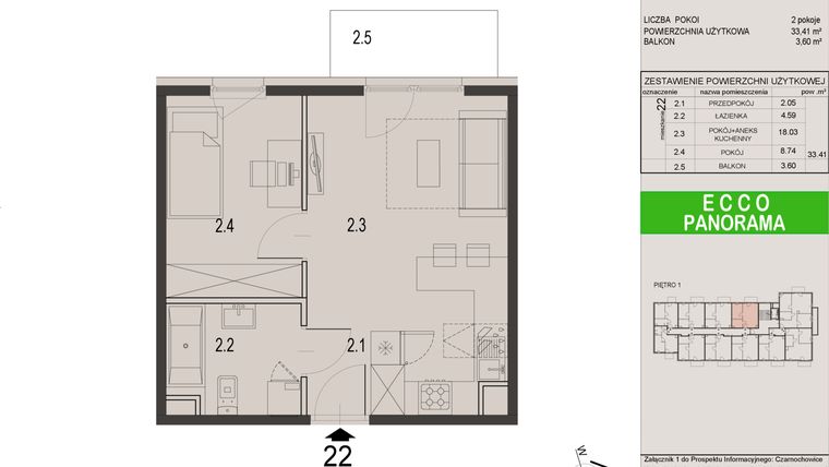 Rzut - Mieszkanie na sprzedaż 2 pokoje o powierzchni 33,41 m² - numer 22C w Ecco Panorama etap II budynki C, D