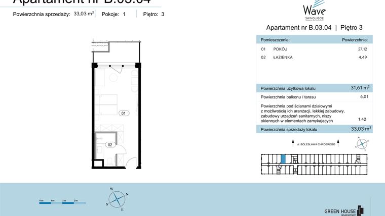 Rzut - Mieszkanie na sprzedaż 1 pokój o powierzchni 33,03 m² - numer B.03.04 w Wave Świnoujście Thermal & Spa