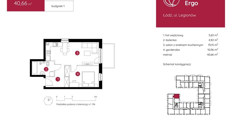 Rzut - Mieszkanie na sprzedaż 1 pokój o powierzchni 40,66 m² - numer 1.A.1.11 w Murapol Ergo