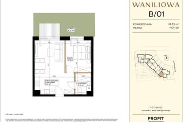 Rzut - Mieszkanie na sprzedaż 2 pokoje o powierzchni 38,52 m² - numer WA2/B/01 w Waniliowa