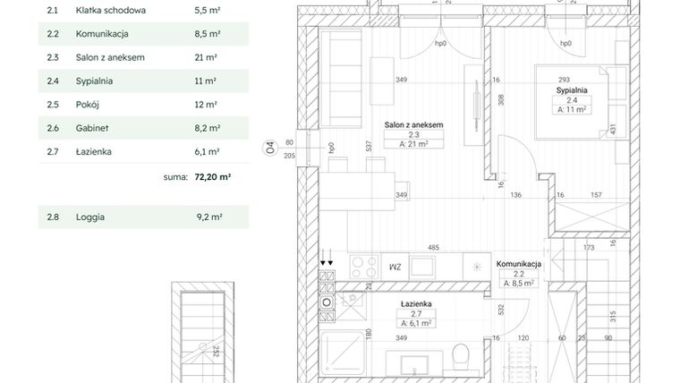 Rzut - Mieszkanie na sprzedaż 4 pokoje o powierzchni 72,2 m² - numer A1M2 w Nefrytowa Park