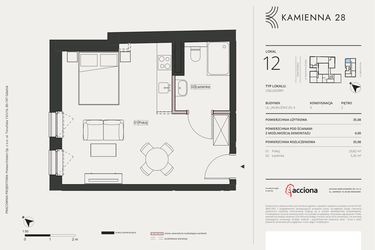 Rzut - Mieszkanie na sprzedaż 1 pokój o powierzchni 35,08 m² - numer 4.12 w Kamienna 28 - apartamenty inwestycyjne