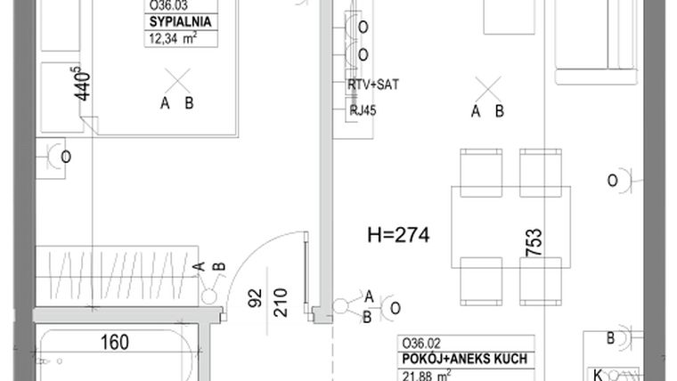 Rzut - Mieszkanie na sprzedaż 2 pokoje o powierzchni 44,47 m² - numer O36 w Miasto Ogród 6 - OSLO i SZTOKHOLM
