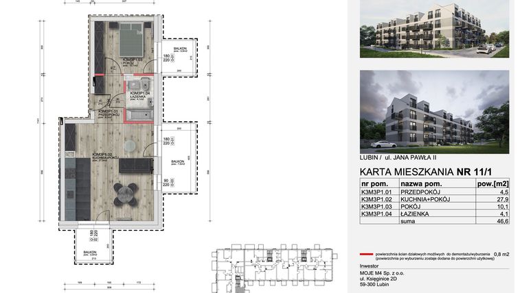 Rzut - Mieszkanie na sprzedaż 2 pokoje o powierzchni 46,3 m² - numer 11_1 w Apartamenty Kochanowskiego