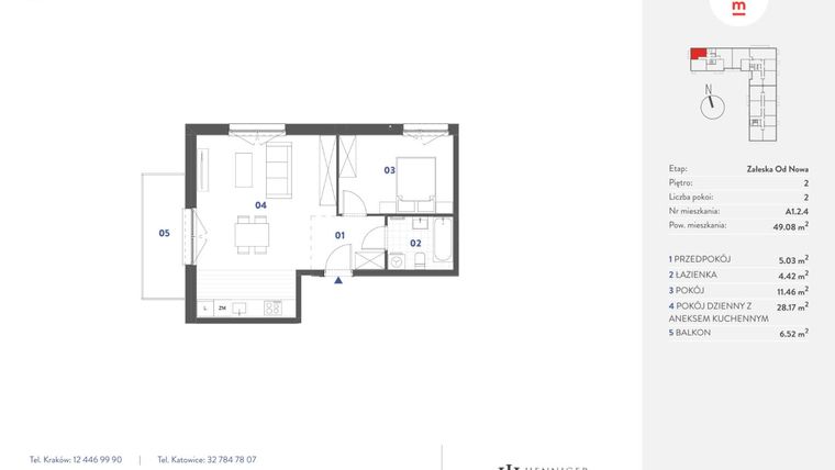 Rzut - Mieszkanie na sprzedaż 2 pokoje o powierzchni 49,08 m² - numer A1.2.4 w Mieszkaj w Mieście - Załęska od Nowa