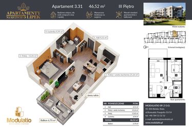 Rzut - Mieszkanie na sprzedaż 2 pokoje o powierzchni 46,52 m² - numer A.3.31 w Apartamenty na Szczycie 3 Lipek