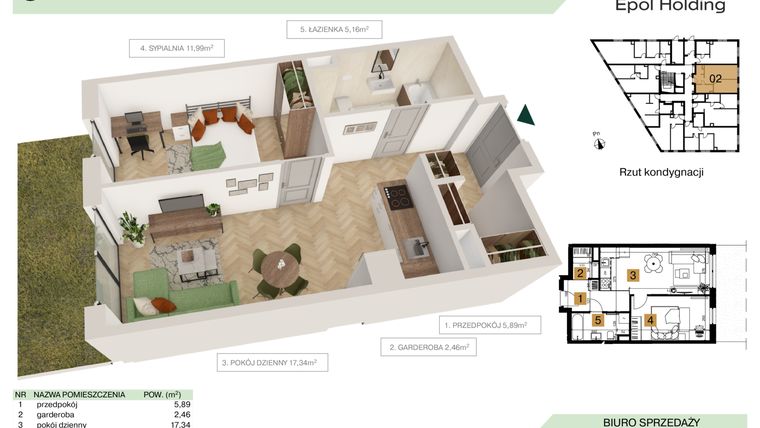 Rzut - Mieszkanie na sprzedaż 2 pokoje o powierzchni 42,84 m² - numer B2.M2 w Tutaj Bunscha