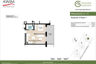 Rzut - Mieszkanie na sprzedaż 2 pokoje o powierzchni 35,05 m² - numer A13 w Wzgórze Gustawa