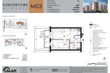Rzut - Mieszkanie na sprzedaż 2 pokoje o powierzchni 43,7 m² - numer C1_M3/P w Koncertowe Wzgórze etap II