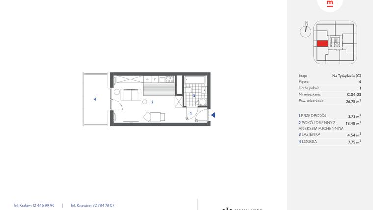 Rzut - Mieszkanie na sprzedaż 1 pokój o powierzchni 26,75 m² - numer C.04.03 w Mieszkaj w mieście - Na Tysiącleciu budynek C