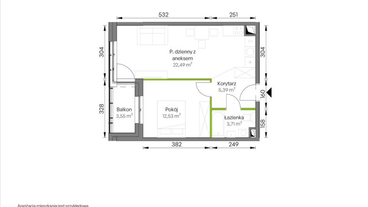 Rzut - Mieszkanie na sprzedaż 2 pokoje o powierzchni 44,12 m² - numer A1/02/28 w WUWA Vita