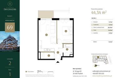Rzut - Mieszkanie na sprzedaż 2 pokoje o powierzchni 44,34 m² - numer 69 w Rezydencja Świerkowa