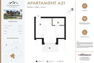 Rzut - Mieszkanie na sprzedaż 1 pokój o powierzchni 27,7 m² - numer A21 w Tatrzański Resort