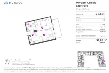 Rzut - Mieszkanie na sprzedaż 2 pokoje o powierzchni 39,85 m² - numer 6.B.1.04 w Murapol Osiedle Szafirove