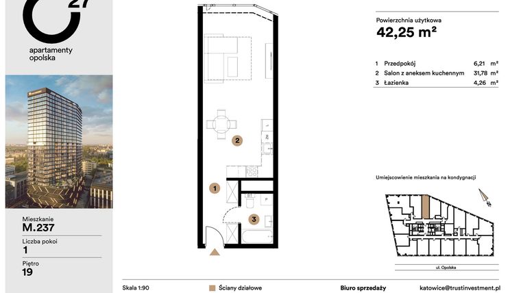 Rzut - Mieszkanie na sprzedaż 1 pokój o powierzchni 42,25 m² - numer M.237 w O27 Apartamenty Opolska