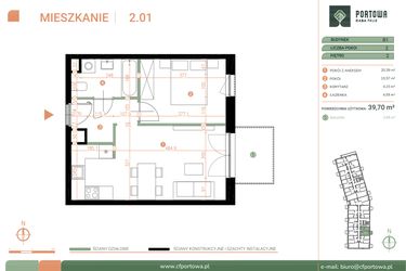 Rzut - Mieszkanie na sprzedaż 2 pokoje o powierzchni 39,7 m² - numer M.02.01 w Casa Feliz Portowa II