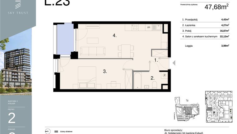 Rzut - Mieszkanie na sprzedaż 2 pokoje o powierzchni 47,68 m² - numer L23 w Sky Trust etap II - apartamenty inwestycyjne 23% VAT PRS