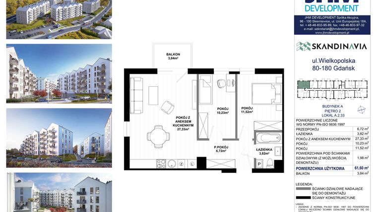 Rzut - Mieszkanie na sprzedaż 3 pokoje o powierzchni 61,6 m² - numer A.2.33 w Skandinavia
